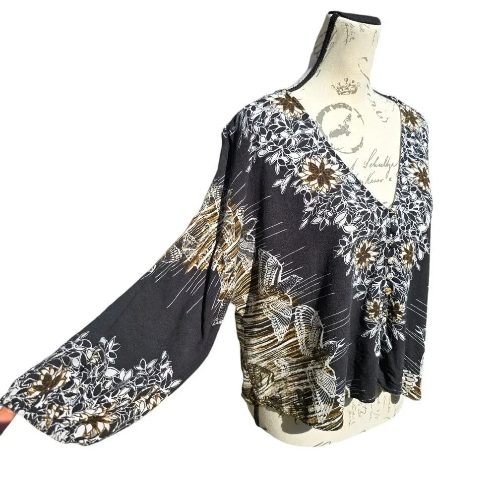 FREE PEOPLE -1816 Birds of a Feather Balloon Sleeve Printed Blouse Black Tan XS‎